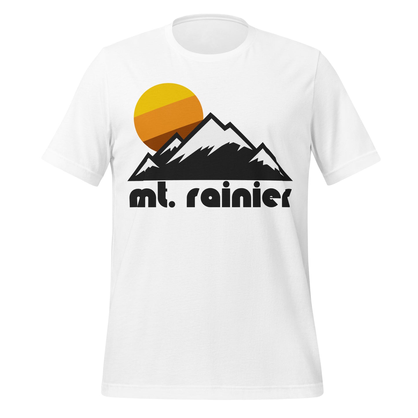A white tourist t-shirt that says "mt. rainier" underneath the image of tall mountain peaks with snow on them as a yellow/orange/brown sun sets in the distance. In reference to Mt. Rainier National Park near Seattle, Washington, known for being the tallest volcano in the contiguous US as well as its stunning wildflowers.