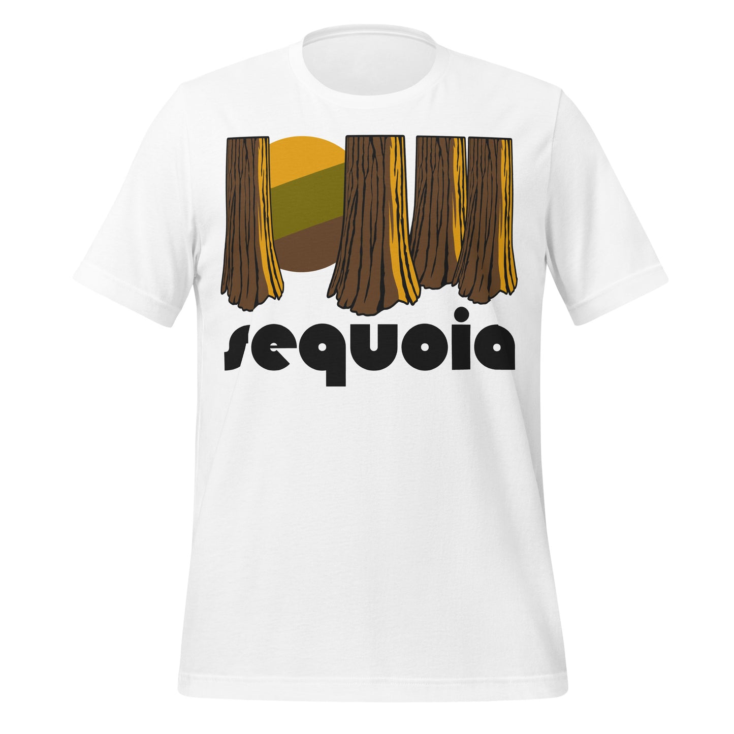 A souvenir, tourist white short sleeved t-shirt that says "Sequoia" underneath an image of multiple large tree trunks and a yellow, green, and brown striped sun. References Sequoia National Park in Tulare County, California, near Kings Canyon National Park, known for General Sherman Tree, Crystal Cave, Moro Rock, Tunnel Tree, and the Giant Forest.