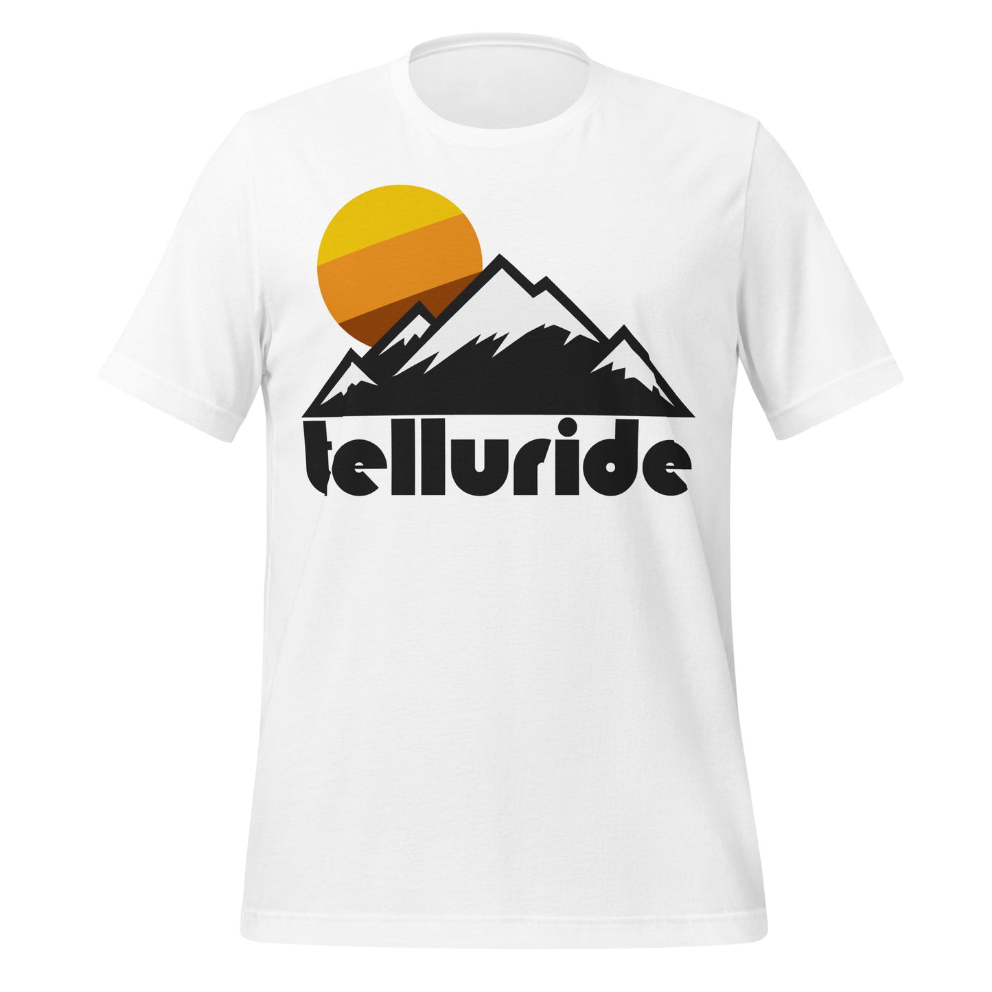 A retro, souvenir "Telluride" white t-shirt with the picture of a mountain range, a sun setting, and snow covering the peaks. References Telluride, CO, a former silver mining town next to the San Miguel River, which has the Telluride Ski Resort in the northwestern San Juan Mountains (a region of the Rockies).