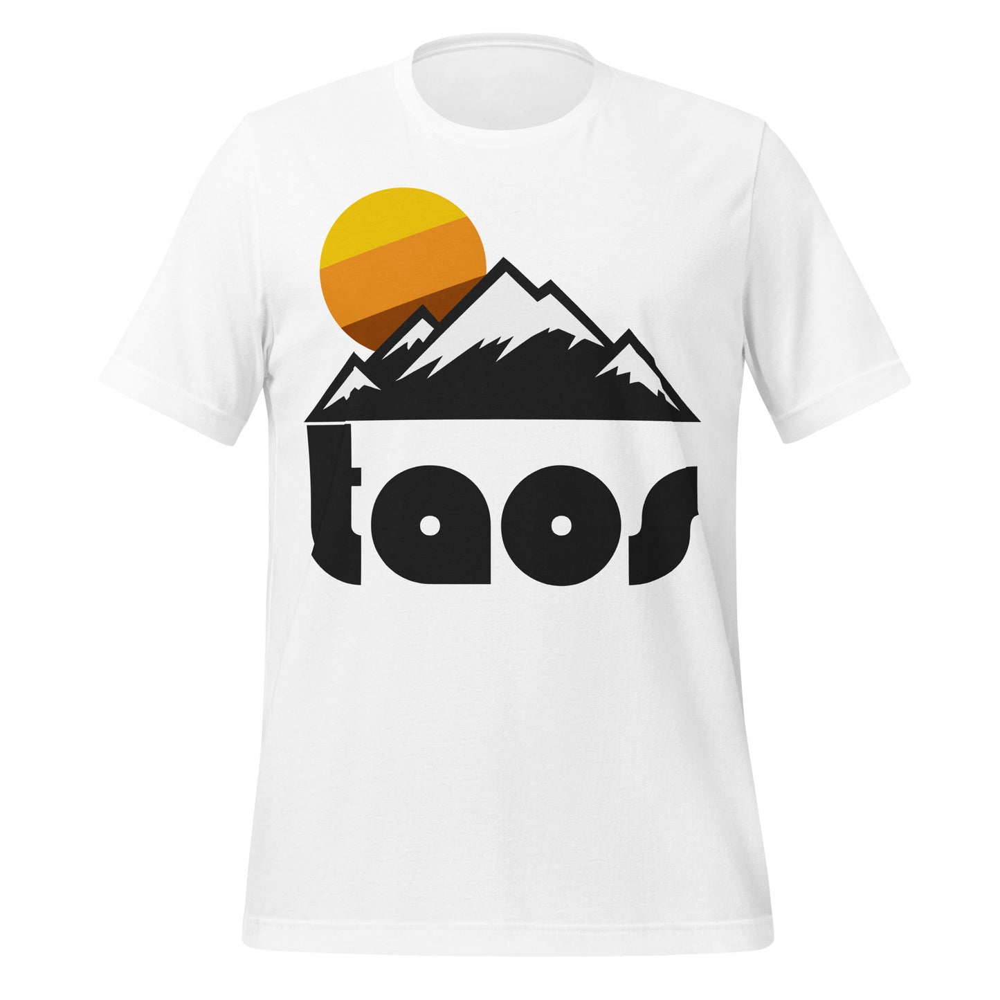 A retro, short sleeved "Taos" t-shirt with the image of some mountains, all snow colored, and a tricolored yellow/orange/brown sun. References Taos Ski Valley in New Mexico, in the Sangre de Cristo Mountains, to the east of the world famous Rio Grande River and near the Rio Grande Gorge.