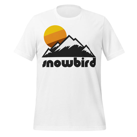 A white colored "snowbird" retro, 70s style souvenir t-shirt that has the images of multiple snow covered peaks and a yellow, orange, and brown setting sun. References Snowbird Ski Resort, one of the most well known and famous in the USA, in Utah in the Wasatch Range of the  greater Rocky Mountains.