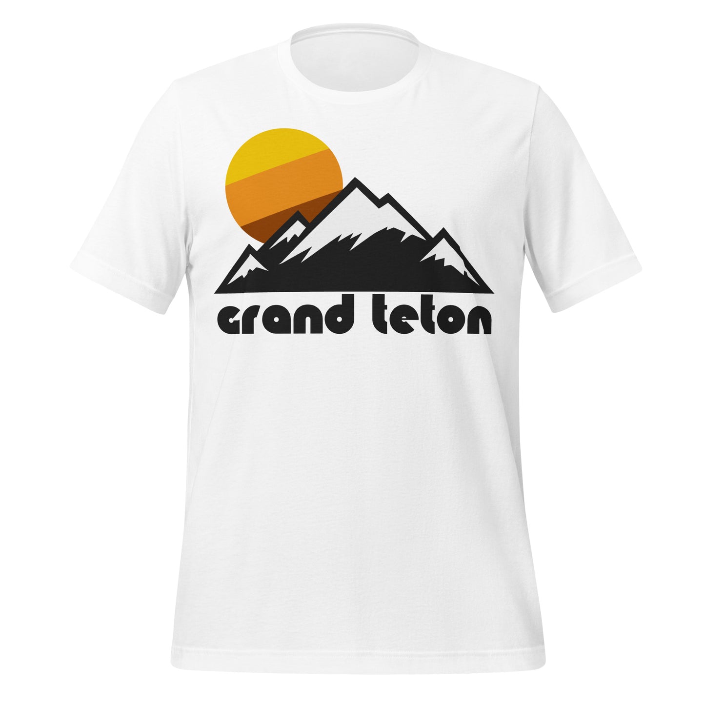 A retro "Grand Teton" white colored short sleeved t-shirt with the image of a mountain landscape, the peaks topped with snow, underneath a yellow, orange, and brown sun. References the Grand Teton National Park in northwestern Wyoming near Jackson Hole, known for its hiking and skiing.