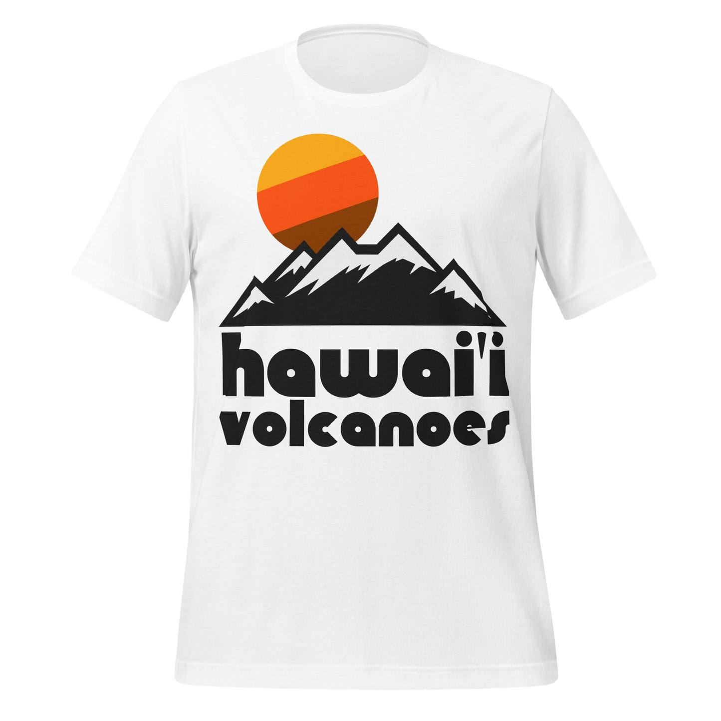 A short sleeved, white "Hawai'i Volcanoes" souvenir t-shirt for tourists with the image of snowcapped mountains and a yellow, orange, and brown sun setting. References Hawai'i Volcanoes National Park, famous for Kīlauea and Mauna Loa, both active volcanoes.