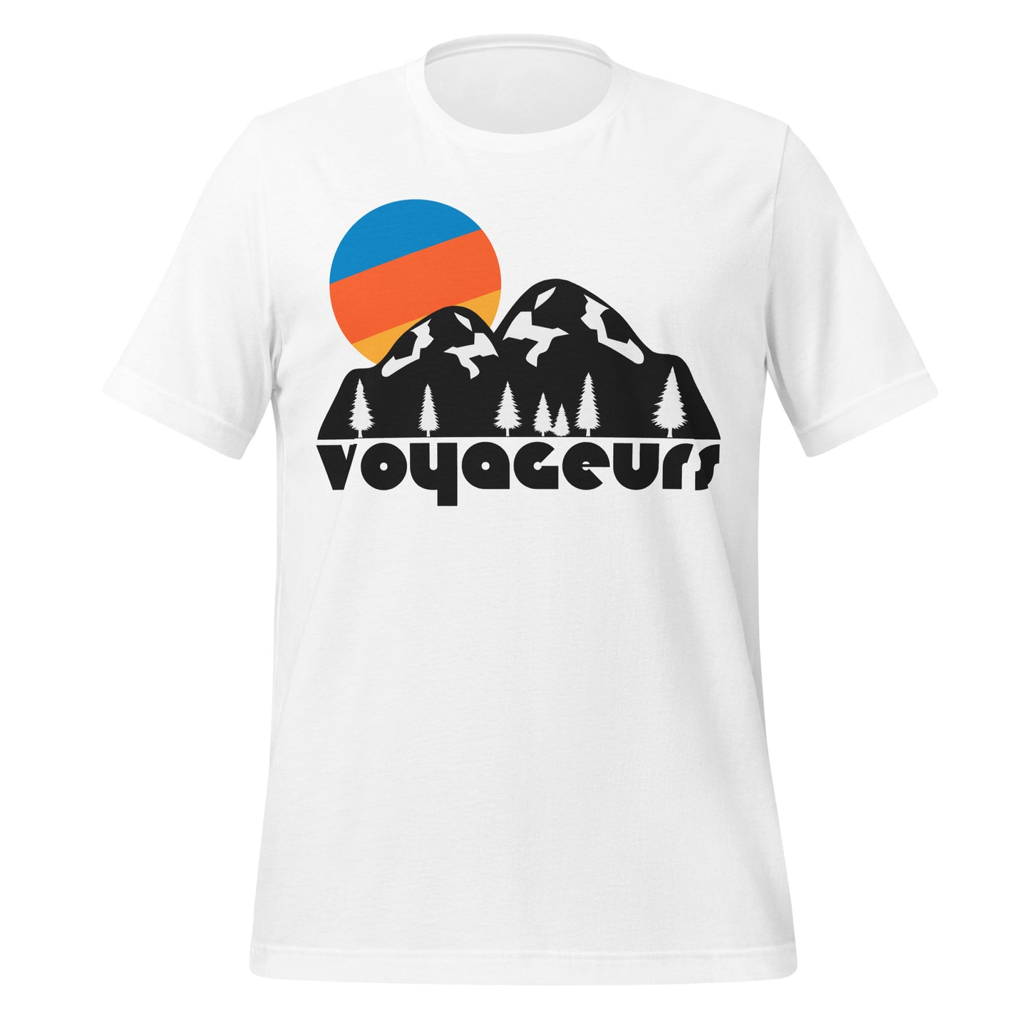 A short sleeved retro, 80s style "Voyageurs" t-shirt with the image of snow capped mountains, fir trees, and a setting blue/orange/yellow sun. References Voyageurs National Park in northern Minnesota known for its stunning views of the Northern lights.