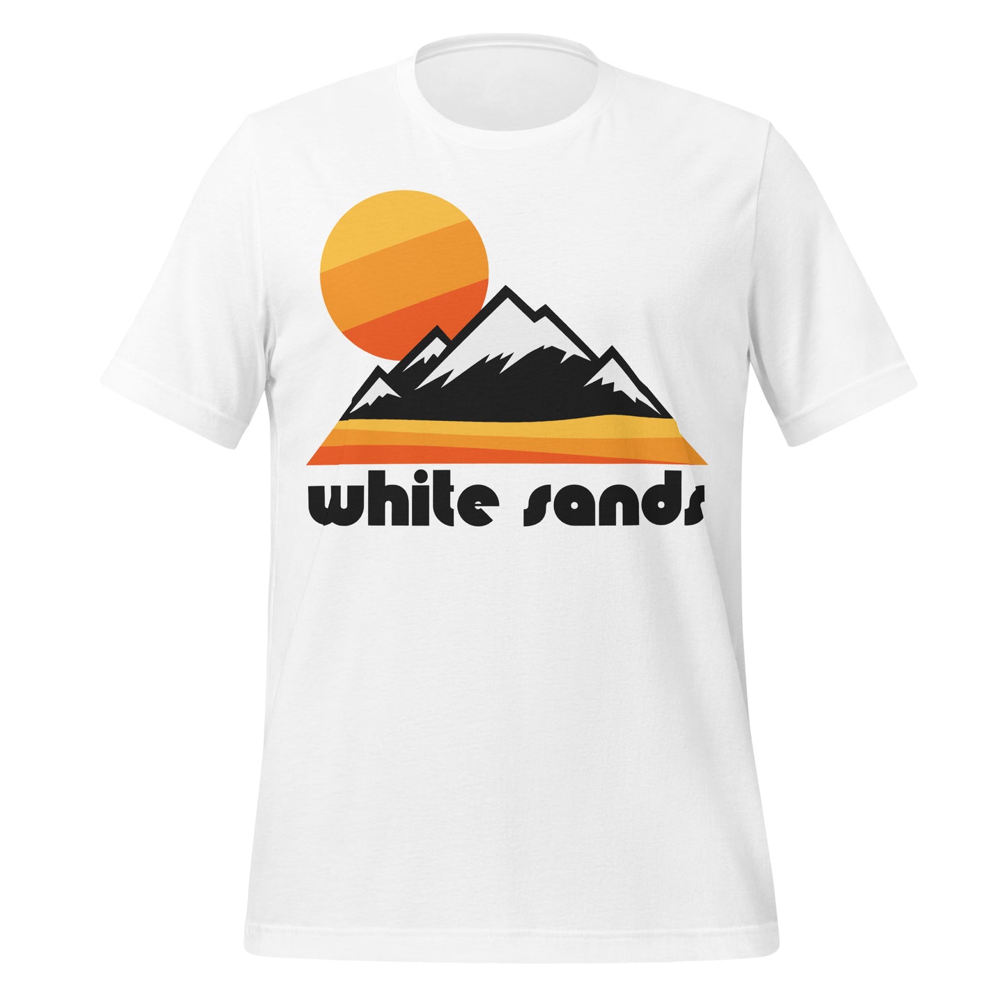 A short sleeved white colored White Sands National Park t-shirt with an image of stripes of yellow/orange/red underneath mountains (representing the dessert) and a bright colored setting sun. References the New Mexico national park known for its stunning white dunes, the largest gypsum dunefield in the world, and an enormous collection of fossilized footprints from the Ice Age.