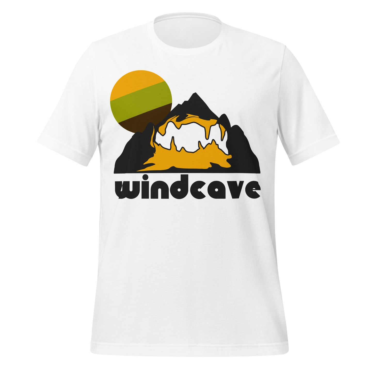 A white colored short sleeve "Wind Cave" t-shirt with an image of a mountain with a cave system inside and a yellow/green/brown sun setting in the background. Wind Cave National Park in South Dakota is known as one of the most complex cave systems in the world and the first cave to be called a national park.