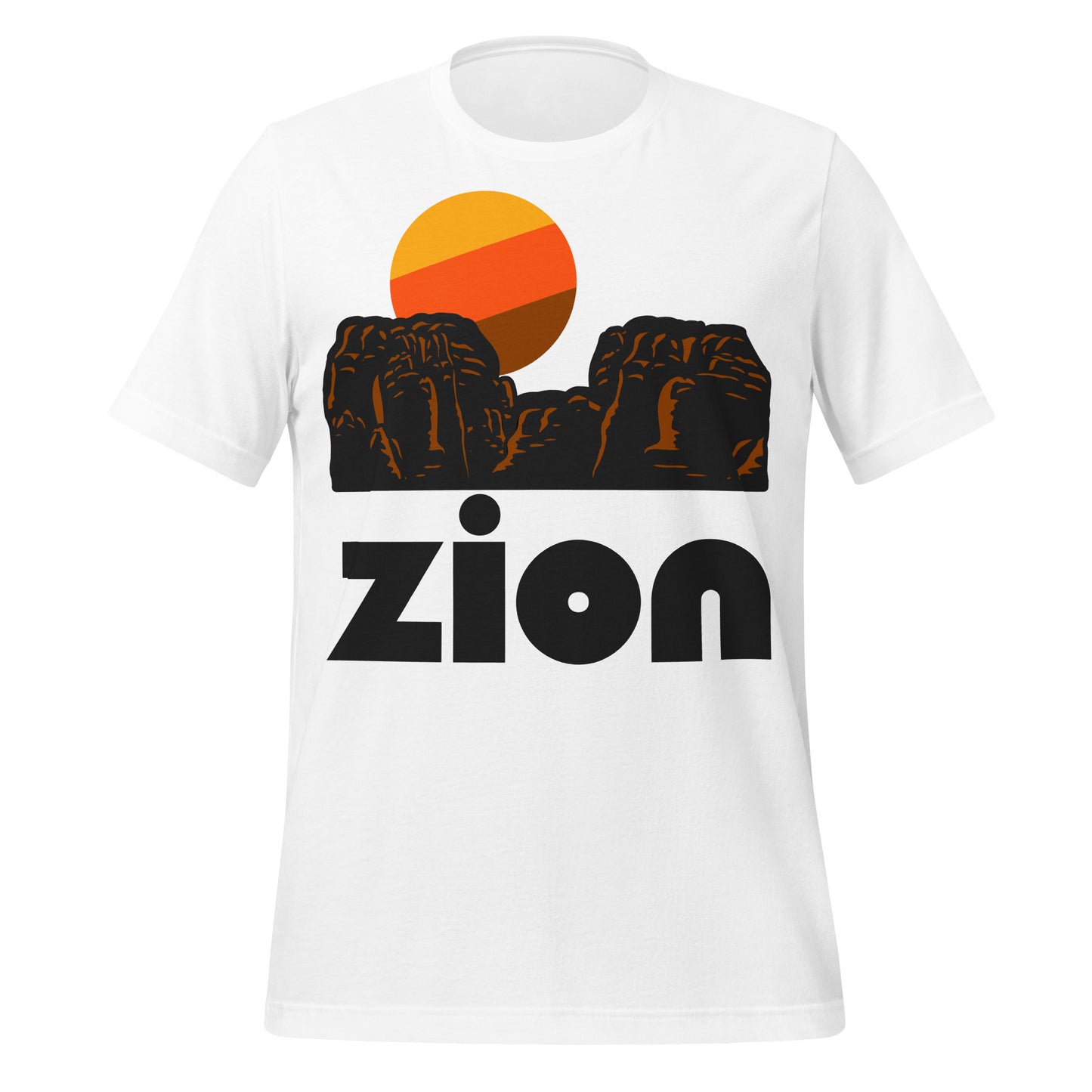 A unisex short sleeved white t-shirt that says "Zion" with an image of red colored rocky landscape and a tricolored yellow, orange, and brown sun setting. Referencing Zion National Park in Utah.