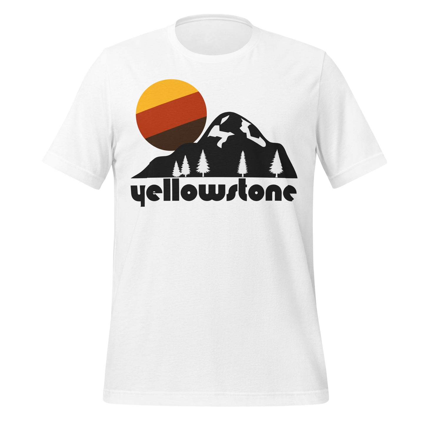 A short sleeve white colored retro t-shirt that says "Yellowstone" with an image of a mountain landscape and pine trees with a setting yellow/orange/brown sun. Yellowstone National Park is one of the most famous in the US, known for its geysers like Old Faithful and its hot springs, as well as being the first national park in the United States.