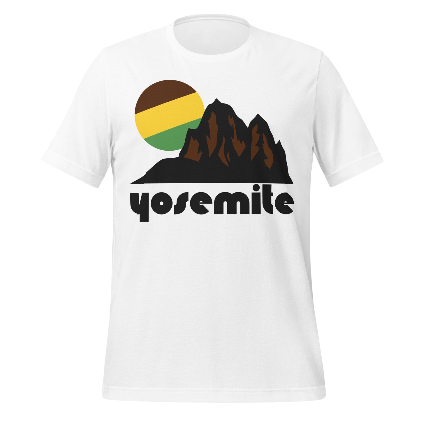 A white, short sleeved retro 70s style t-shirt that says Yosemite in reference to the Californian national park in the Sierra Nevada Mountains. Includes an image of brown mountain peaks and a beautiful brown, yellow, and green sun behind the landscape.