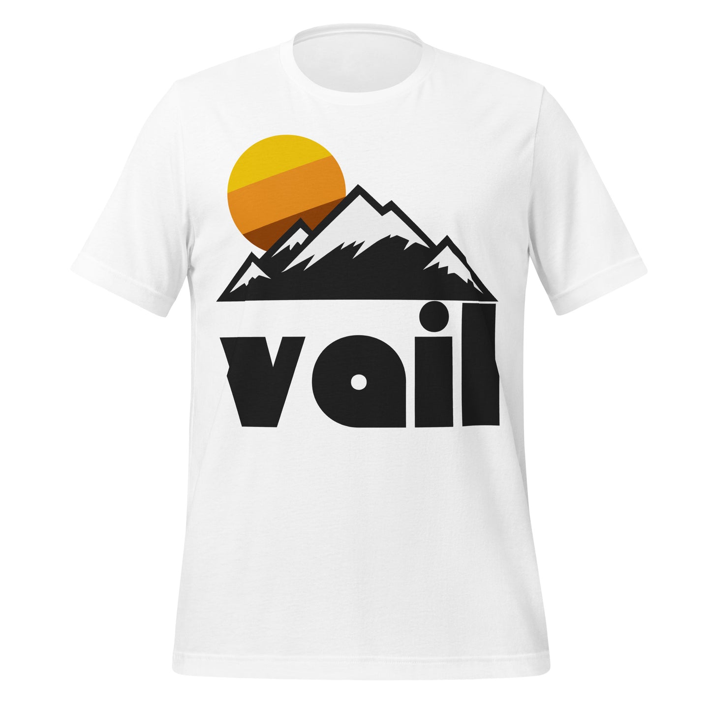 A white, vintage 70s style Vail t-shirt with the image of a mountain landscape covered in snow with a tricolored sun setting in the background. References the village at the base of Vail Mountain in the White River National Forest and the Gore and Sawatch mountain ranges.