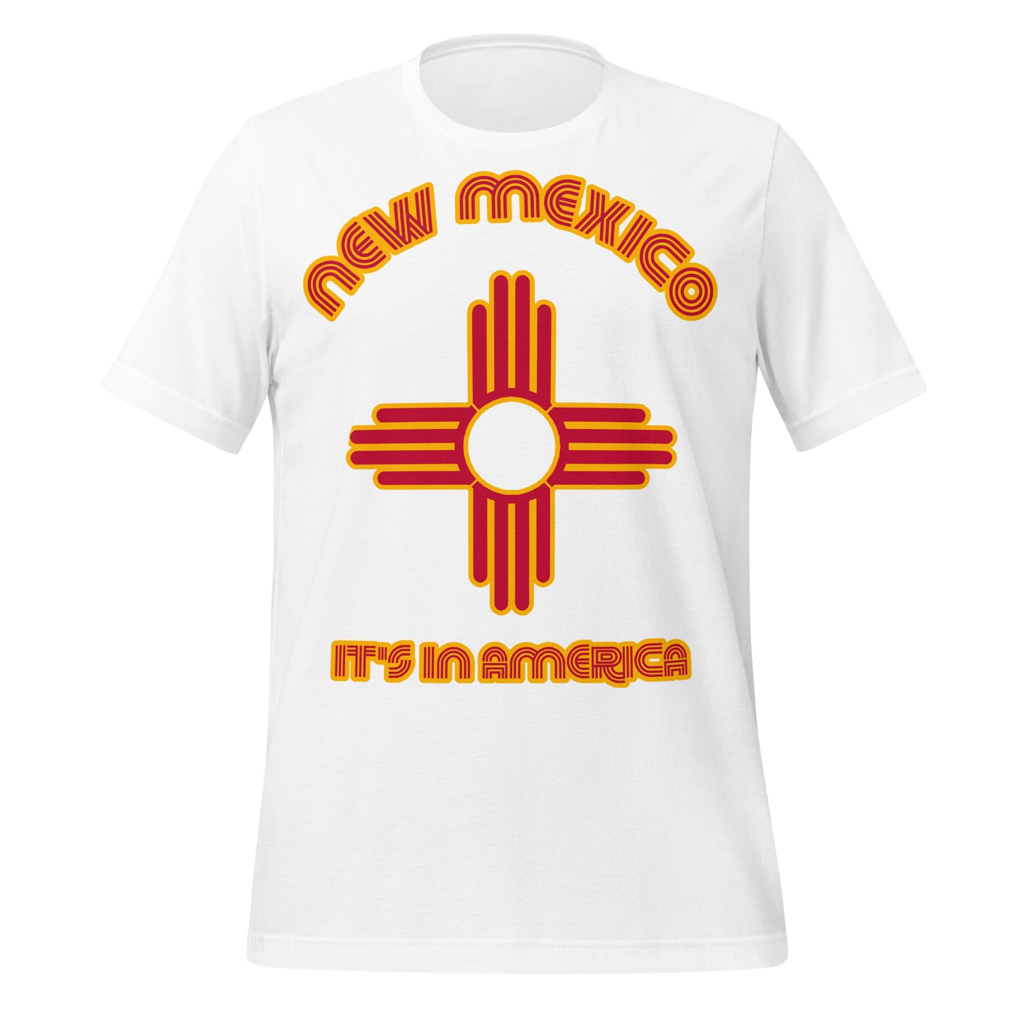 A white retro 70s style t-shirt that says "New Mexico: It's In America" with the ancient sun symbol design, now found on the state flag of NM, from the Zia tribe and a pueblo that may have been one of the Seven Golden Cities of Cíbola that explorer Vásquez de Coronado was looking for.