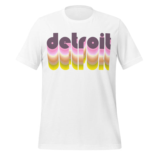 A short sleeved white Detroit, Michigan t-shirt that has the word "Detroit" in lowercase, purple, 3-d bubble letters, including the letters fading into other shades of pink, brown, green, and yellow.