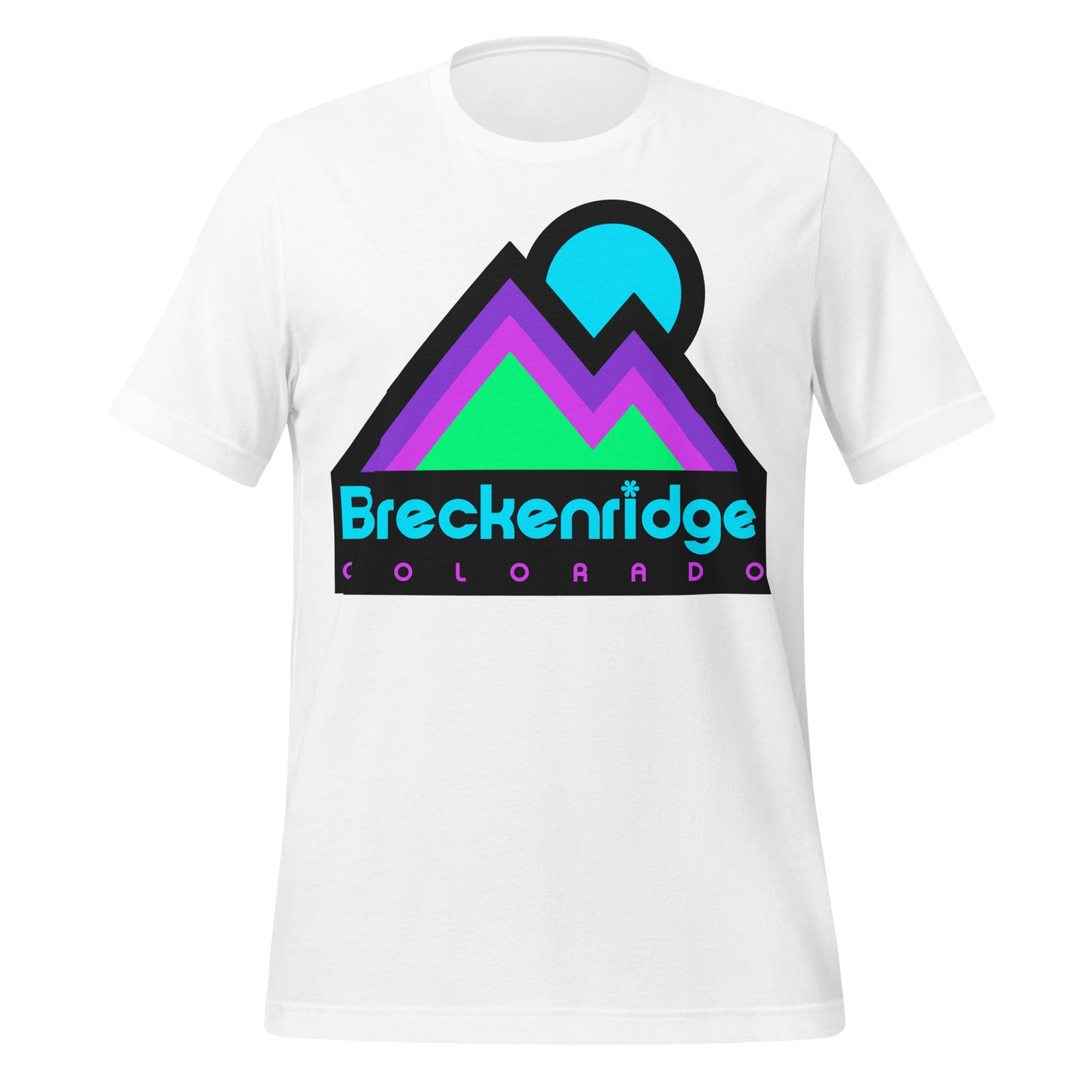 A retro short sleeved Breckenridge, Colorado t-shirt with the image of a mountain range - referencing the Colorado Rockies - under a sun in electric blue, purple, magenta, and mint green colors. The town is known for its ski resort, mining history, and incredible hiking.