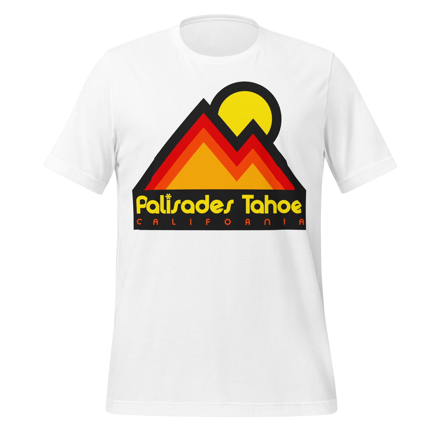 A white, vintage Palisades Tahoe, California ski resort t-shirt. Image of a red, orange, and yellow mountain range, referencing the Sierra Nevadas, and a setting sun.