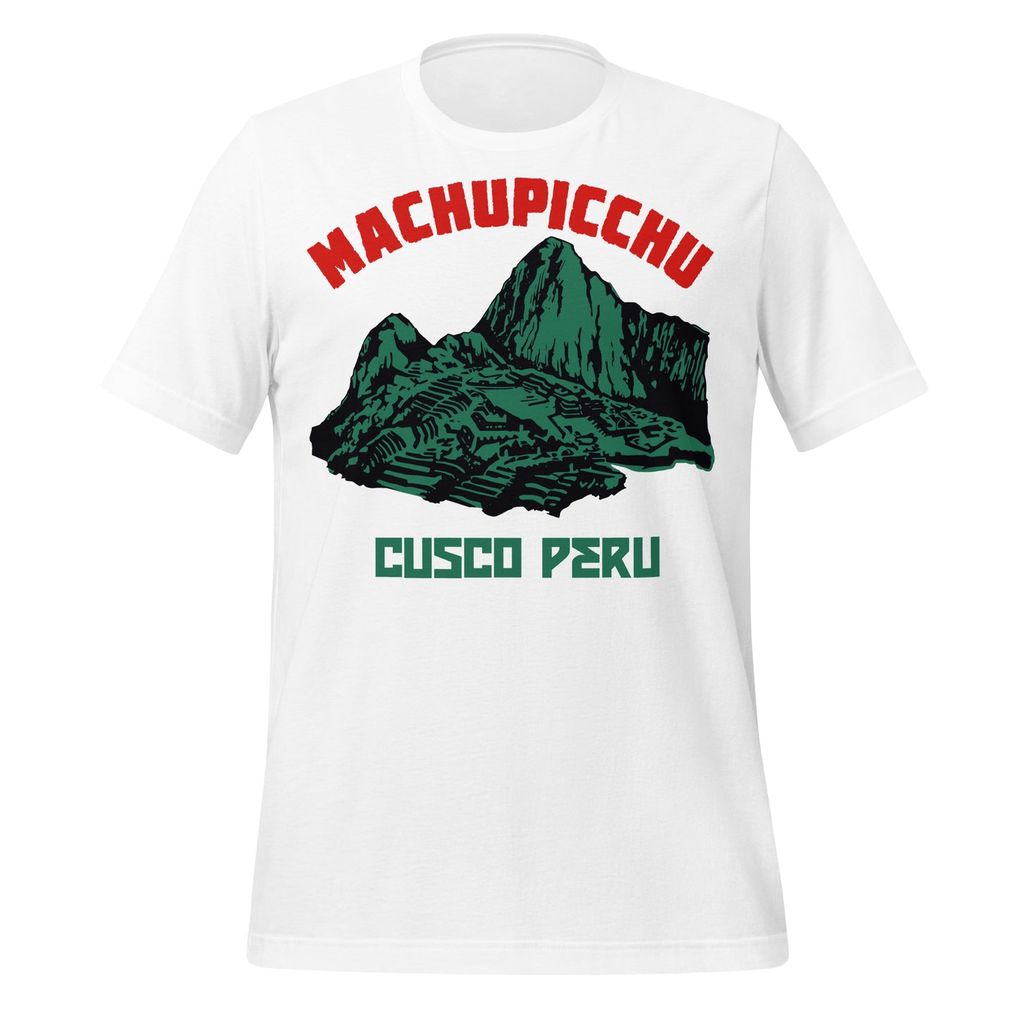 A white vintage short sleeved Machu Picchu t-shirt. Includes the location, Cusco Peru, and an image of the historic sanctuary in a deep green color. Considered one of the greatest architectural achievements ever, one of the seven wonders of the modern world, and the most famous legacy of the Inca civilization.