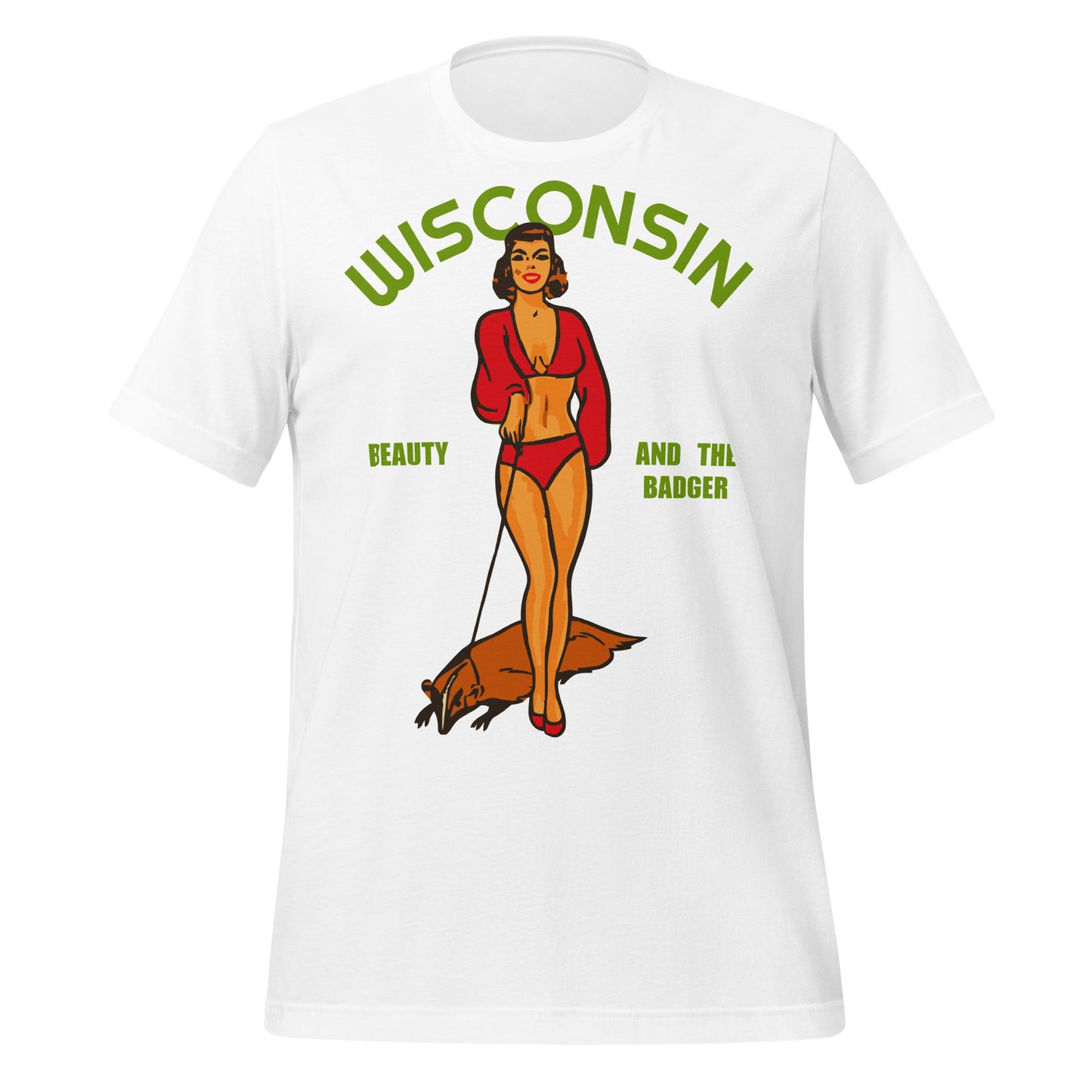 A retro 80s style short sleeve t-shirt that says "Wisconsin" and "Beauty and the Badger". Image of a women dressed in a red bikini holding a brown badger on a leash. References Wisconsin's nickname 'The Badger State'.