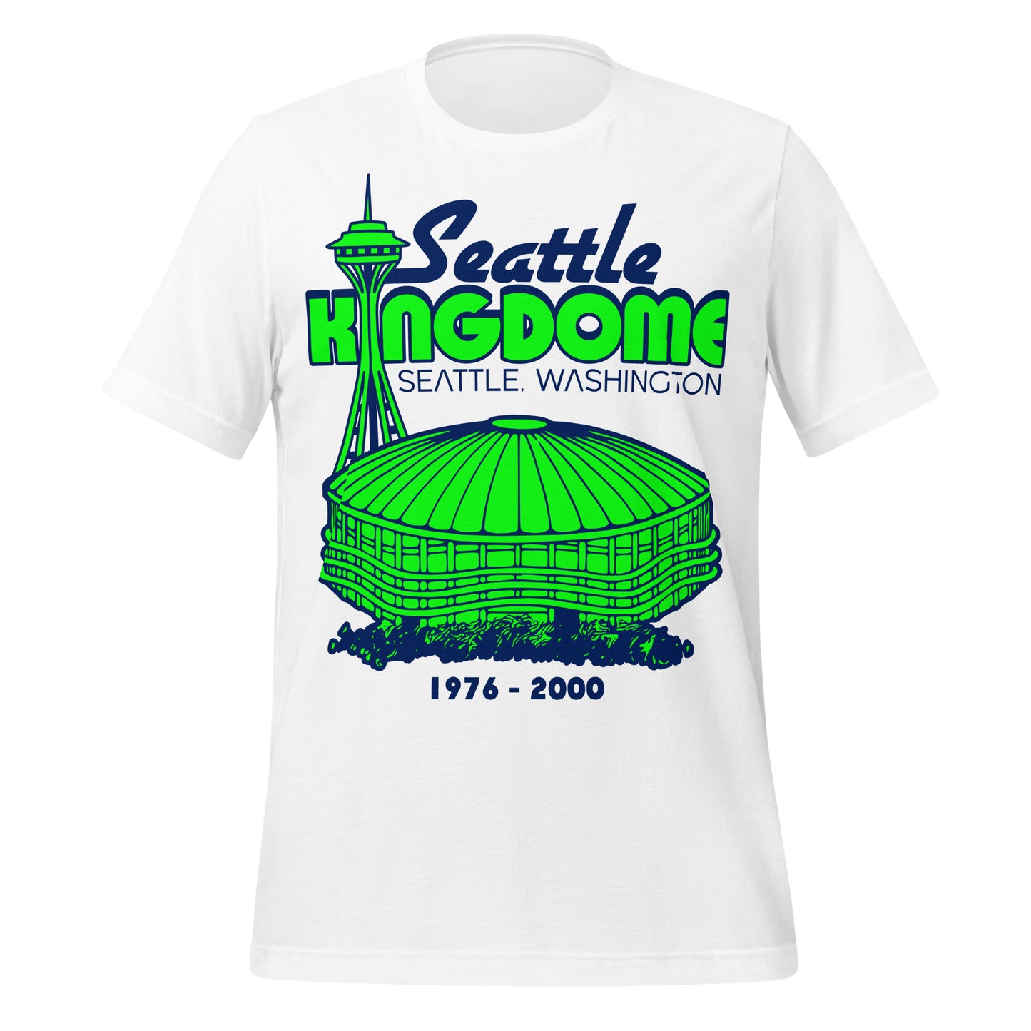 A Seattle Kingdome vintage white short sleeved t-shirt that with an image of the famous domed multipurpose sports stadium in lime green which stood from 1976-2000 in Seattle, Washington. Image of the tourist site the Space Needle in bright green.