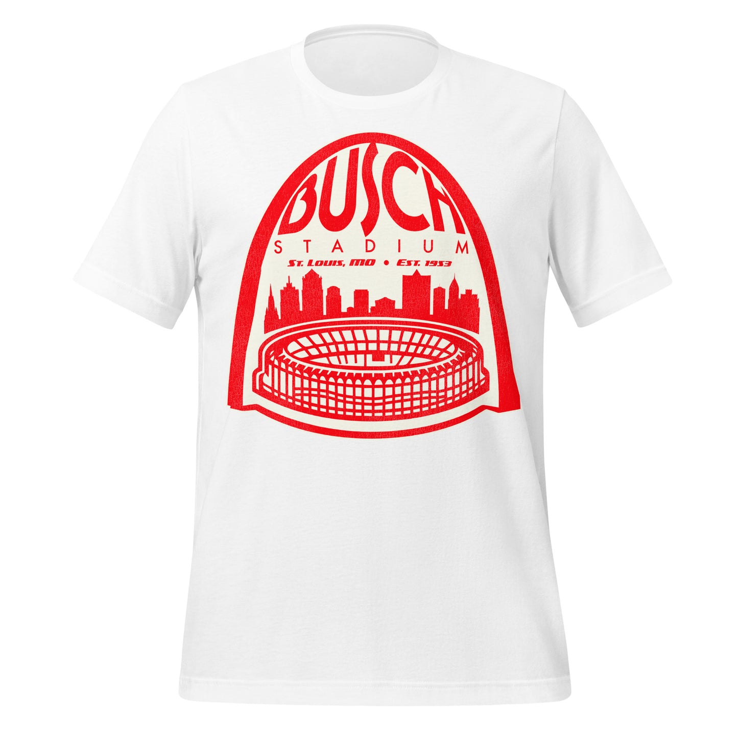 A retro white tourist Busch Stadium t-shirt that says "St. Louis, MO" and "Est. 1953" under an image of the St. Louis Arch towering over the Missouri city skyline and the circular baseball stadium where MLB Teams including the St. Louis Cardinals and St. Louis Browns played.