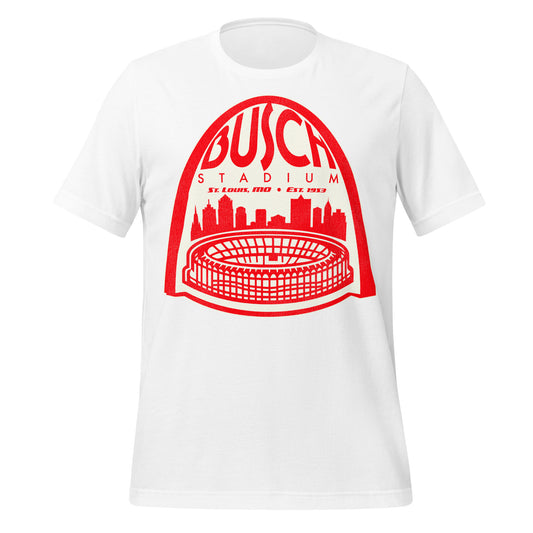A retro white tourist Busch Stadium t-shirt  that says "St. Louis, MO" and "Est. 1953" under an image of the St. Louis Arch towering over the Missouri city skyline and the circular baseball stadium where MLB Teams including the St. Louis Cardinals and St. Louis Browns played.