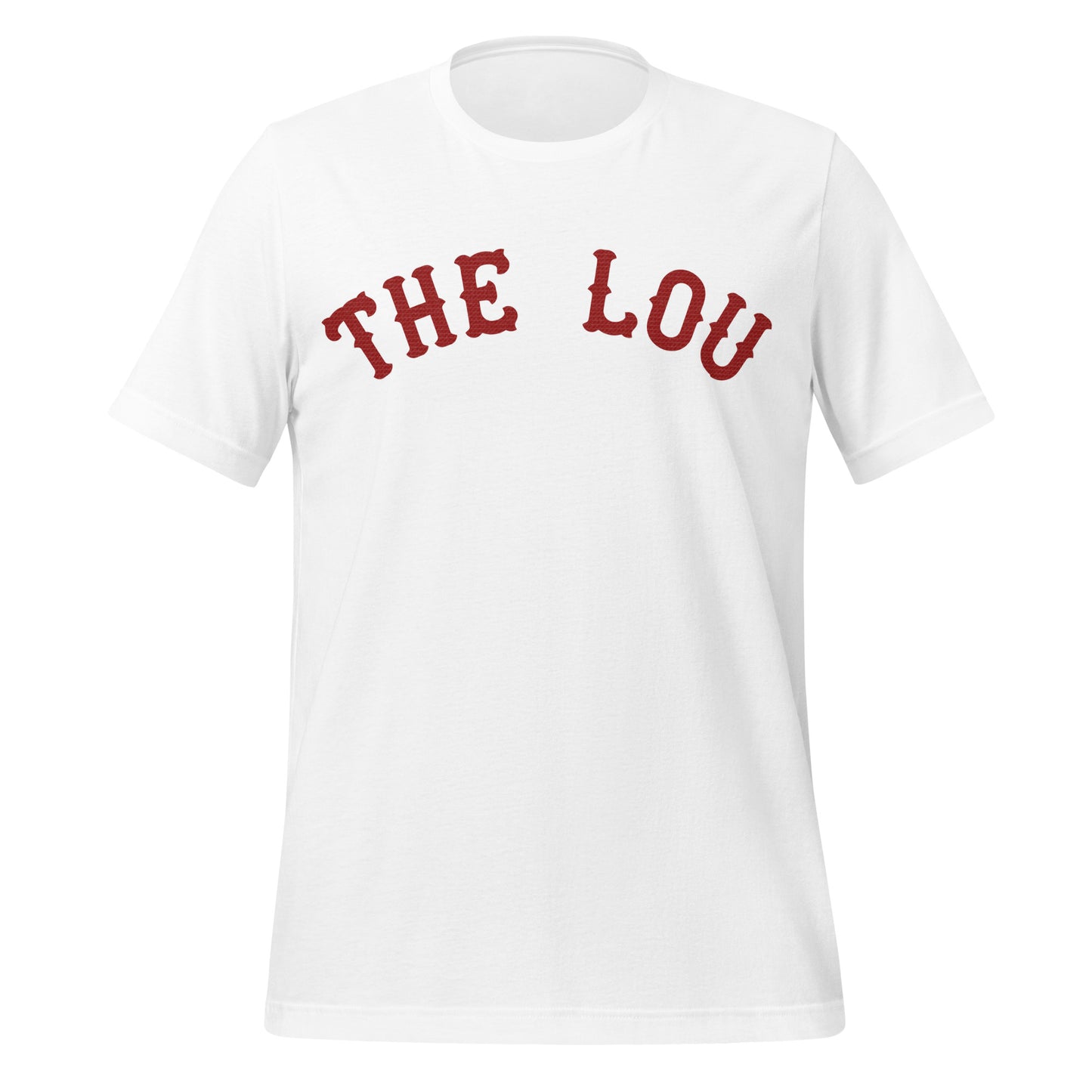 A white retro 70s style t-shirt that says The Lou in red. Refers to the St. Louis city and Cardinals baseball team.