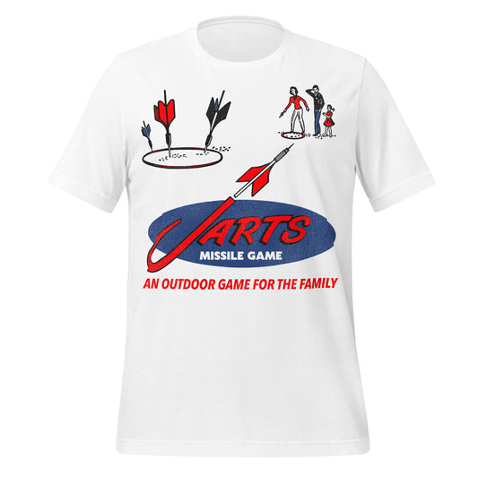 A J Arts Missile Game white retro t-shirt that says "An outdoor game for the family". Images of red, blue, and black darts thrown by a father, mother, and daughter.