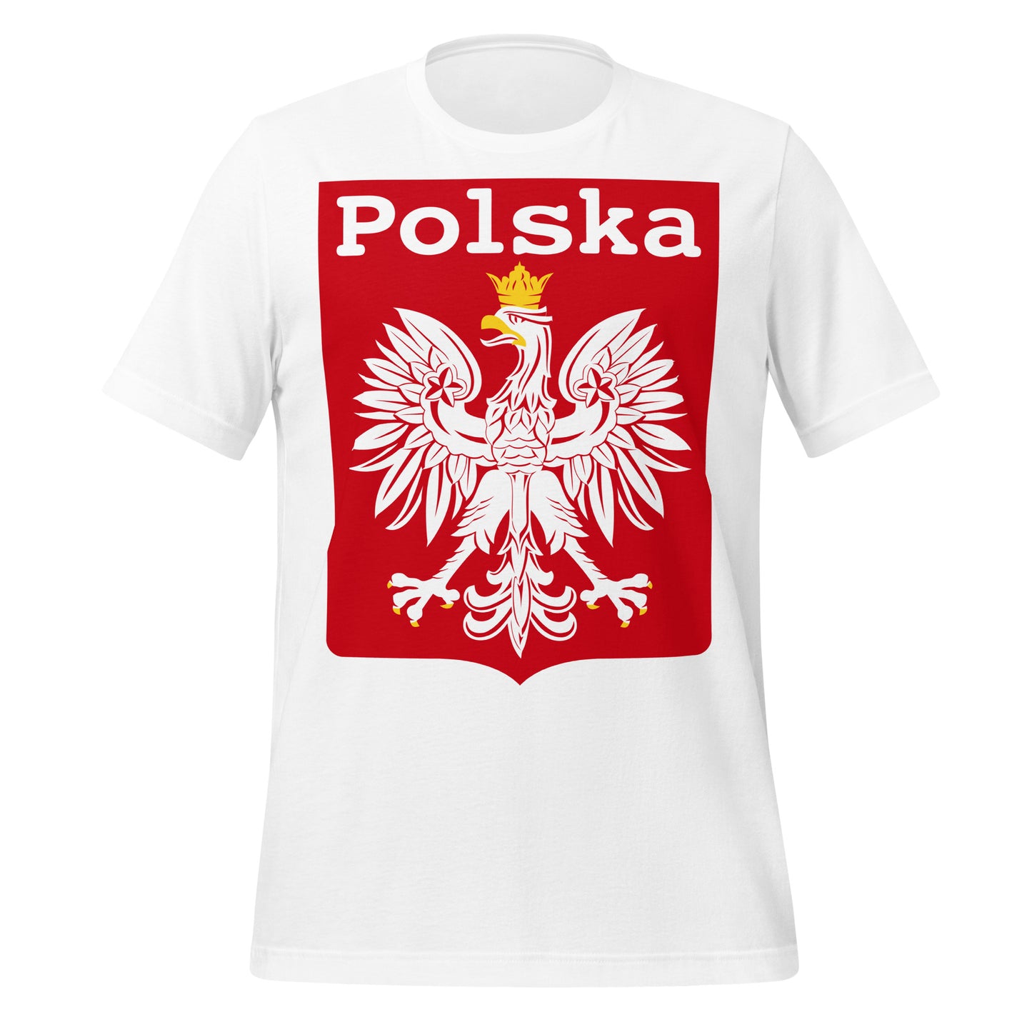 A white vintage short sleeve t-shirt with the Polish coat of arms on a red background. Has the word "Polska" and the iconic white eagle with a crown on a red shield.
