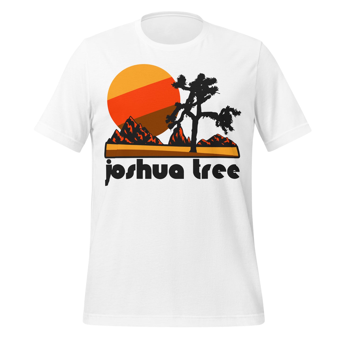 A travel white t-shirt that says "Joshua Tree", the Californian National Park, with the famous Yucca Brevifolia plant, red shadowed mountains, and a yellow-red-brown sun setting.
