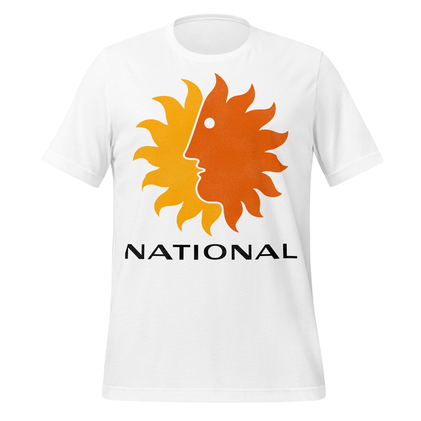 A retro white t-shirt that says "national" with a yellow and orange sunburst including a face, known as the "sun king" logo.