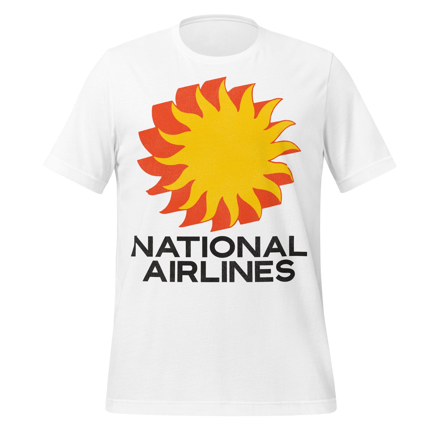 A retro 80s style white t-shirt that says National Airlines with the flowery sunshine yellow and orange block logo.