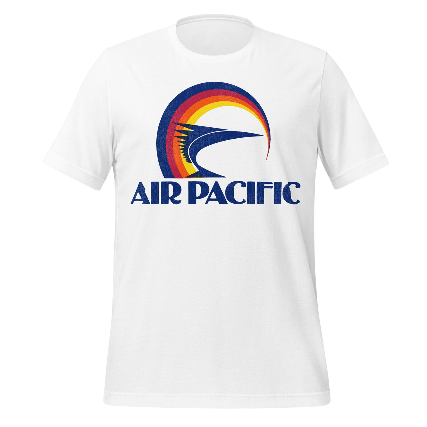 An 80s style white t-shirt with the Air Pacific logo including overlapping circular colors and a blue fish.