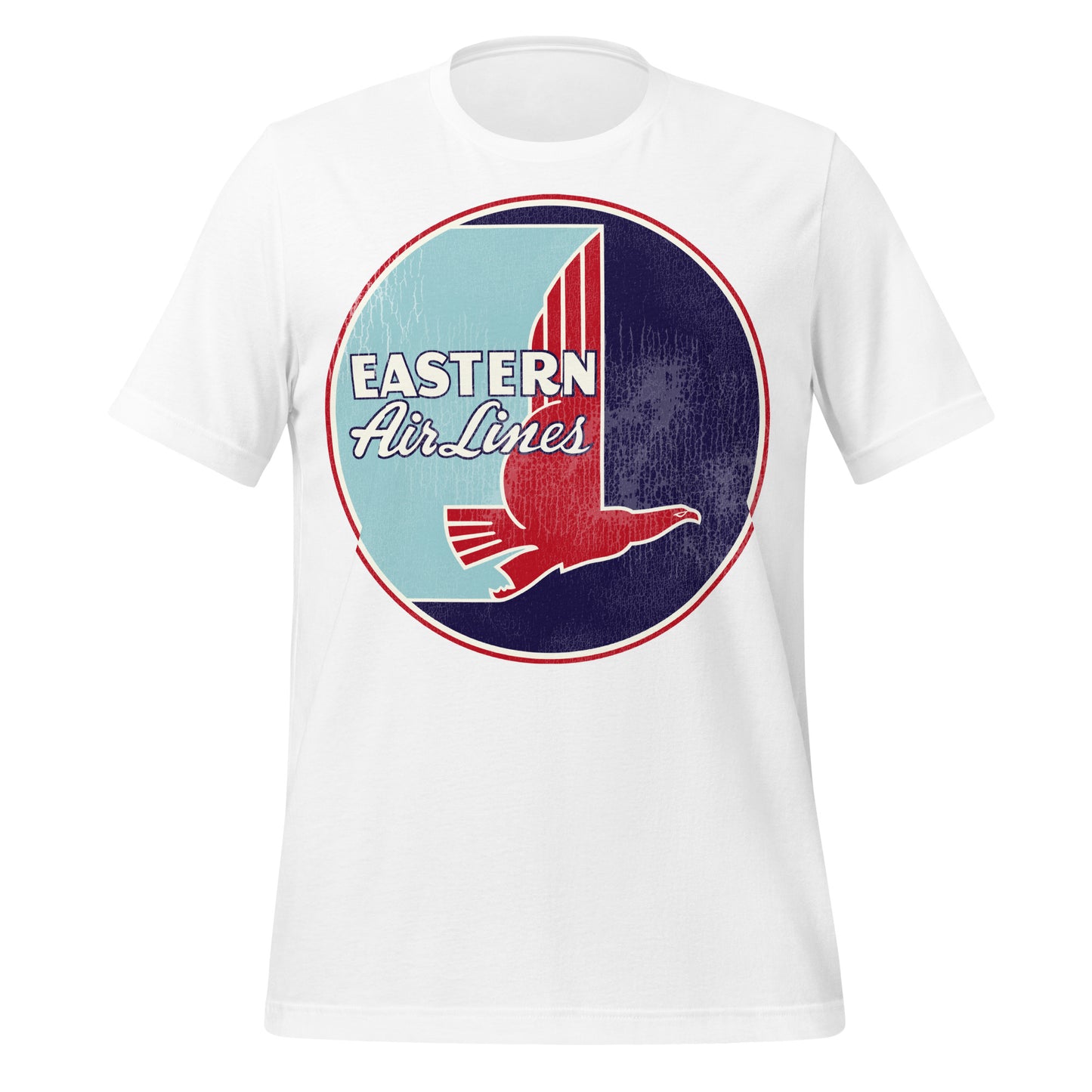 A unisex retro white t-shirt that has the old "eastern Air Lines" logo including a blue sky and an abstract red falcon.