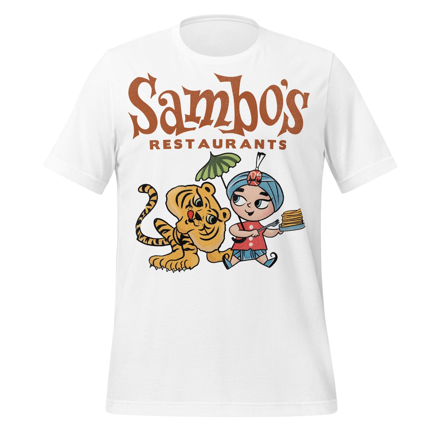 A white t-shirt that says "Sambo's Restaurants" with the image of a young turbaned child with a parasol holding a plate of pancakes next to a beautiful striped orange tiger.