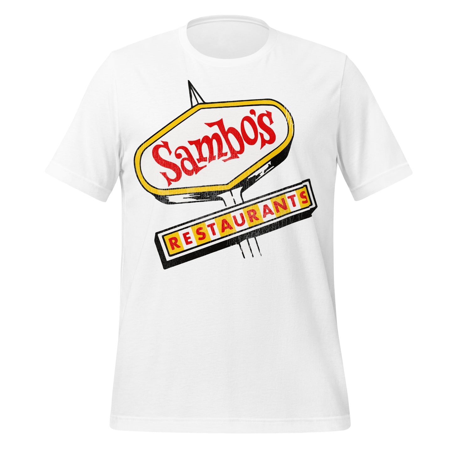A white t-shirt with a sign reding "Sambo's Restaurants" in red letters referring to the chain started in Santa Barbara, California.