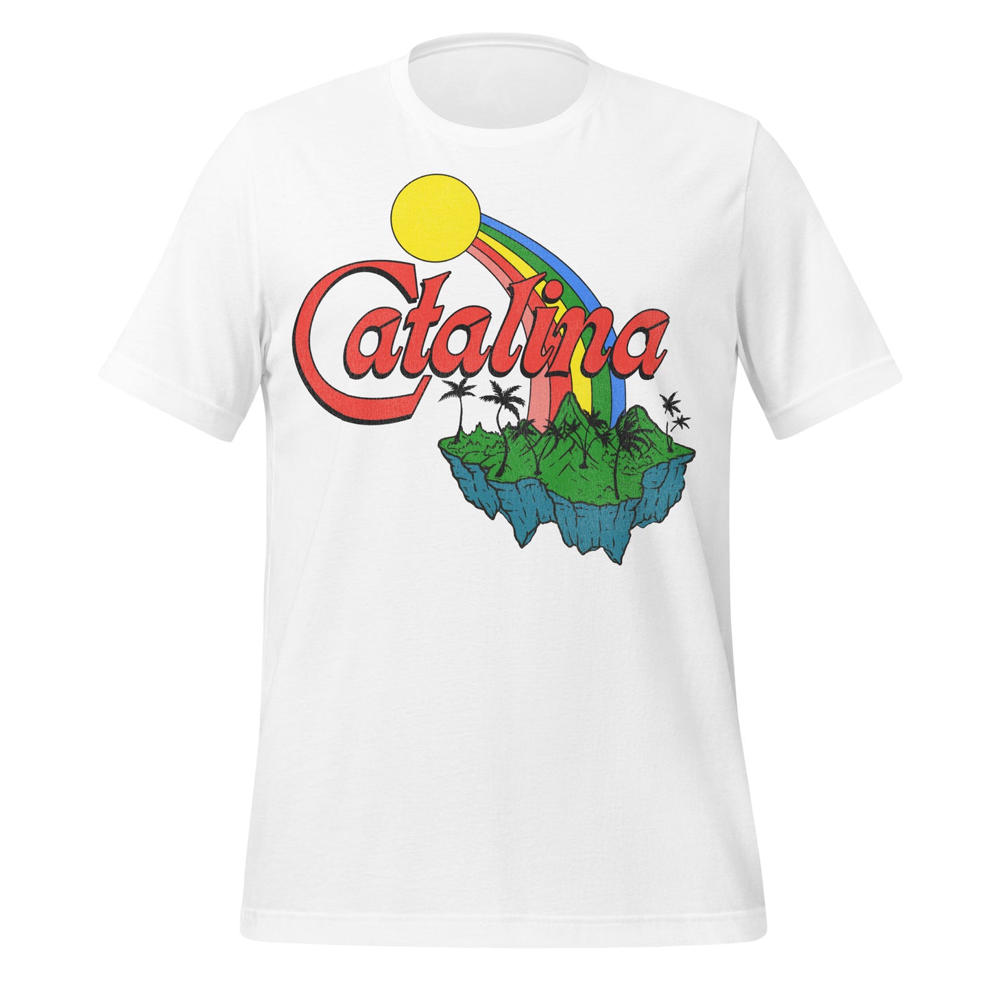 A white vintage t-shirt that says "Catalina". A yellow sun shines a rainbow onto image of Santa Catalina Island, east of the Los Angeles, California coast, known for scuba diving and trail hiking.