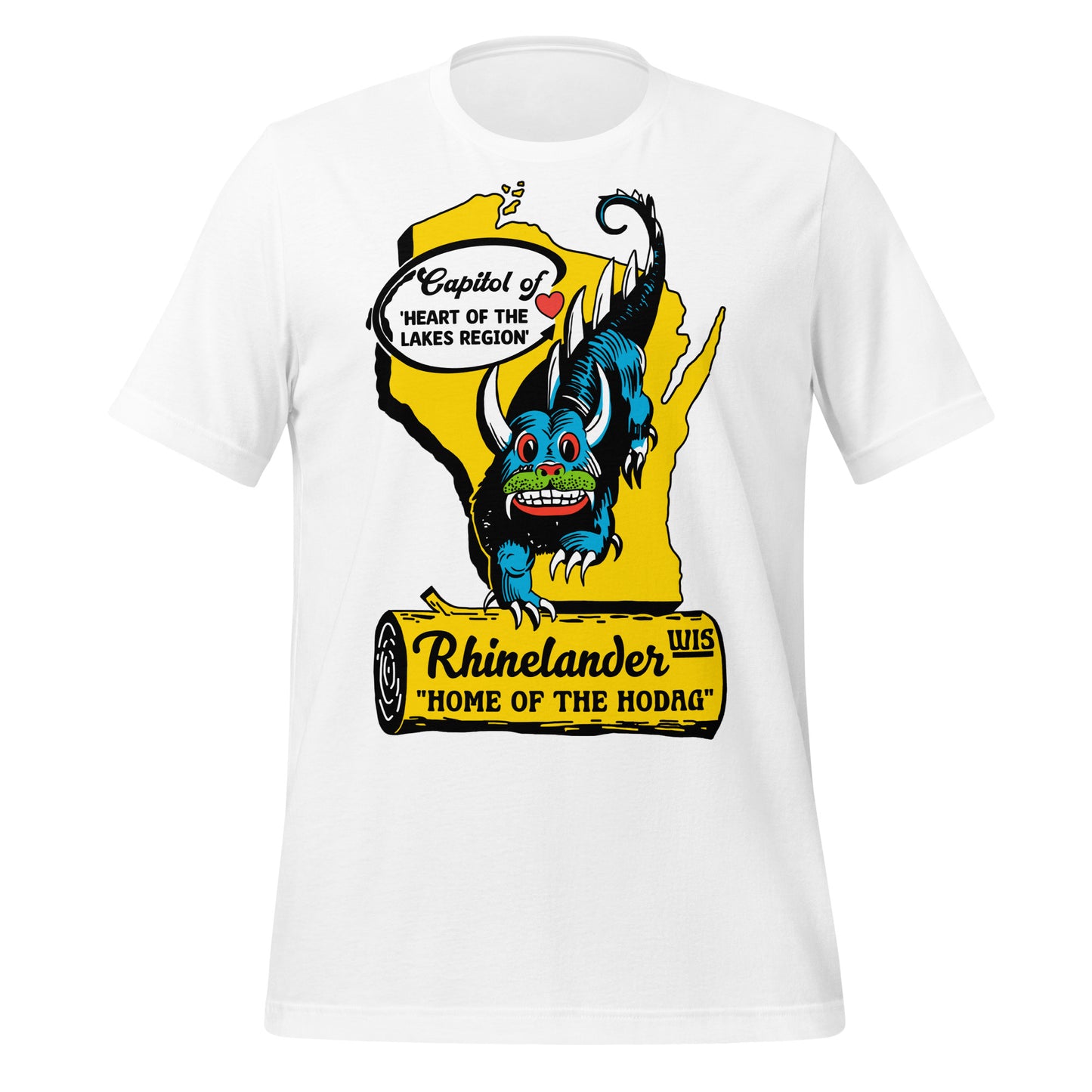A bright white vintage t-shirt with a map of Wisconsin. A heart right over the location of Rhinelander, Wisconsin, "home of the Hodag", a mythical monstrous creature from the North Woods. Shirt says "Capitol of" and "heart of the Lakes Region."