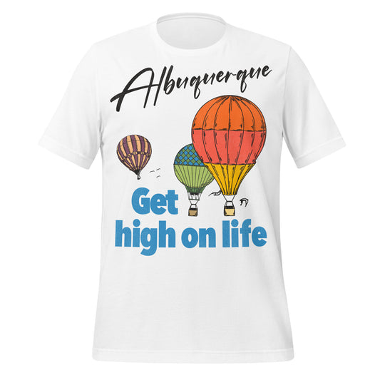 A white Albuquerque, New Mexico travel vintage t-shirt that says "Get high on life" with a yellow, pink, orange hot air balloon, a green and blue hot air balloon, and a striped brown hot air balloon.
