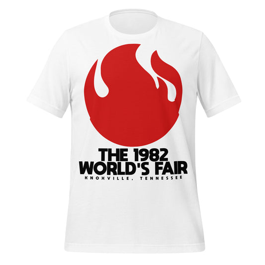 A white 80s style t-shirt that says "The 1982 World's Fair" and "Knoxville, Tennessee." Has bright red fire image.
