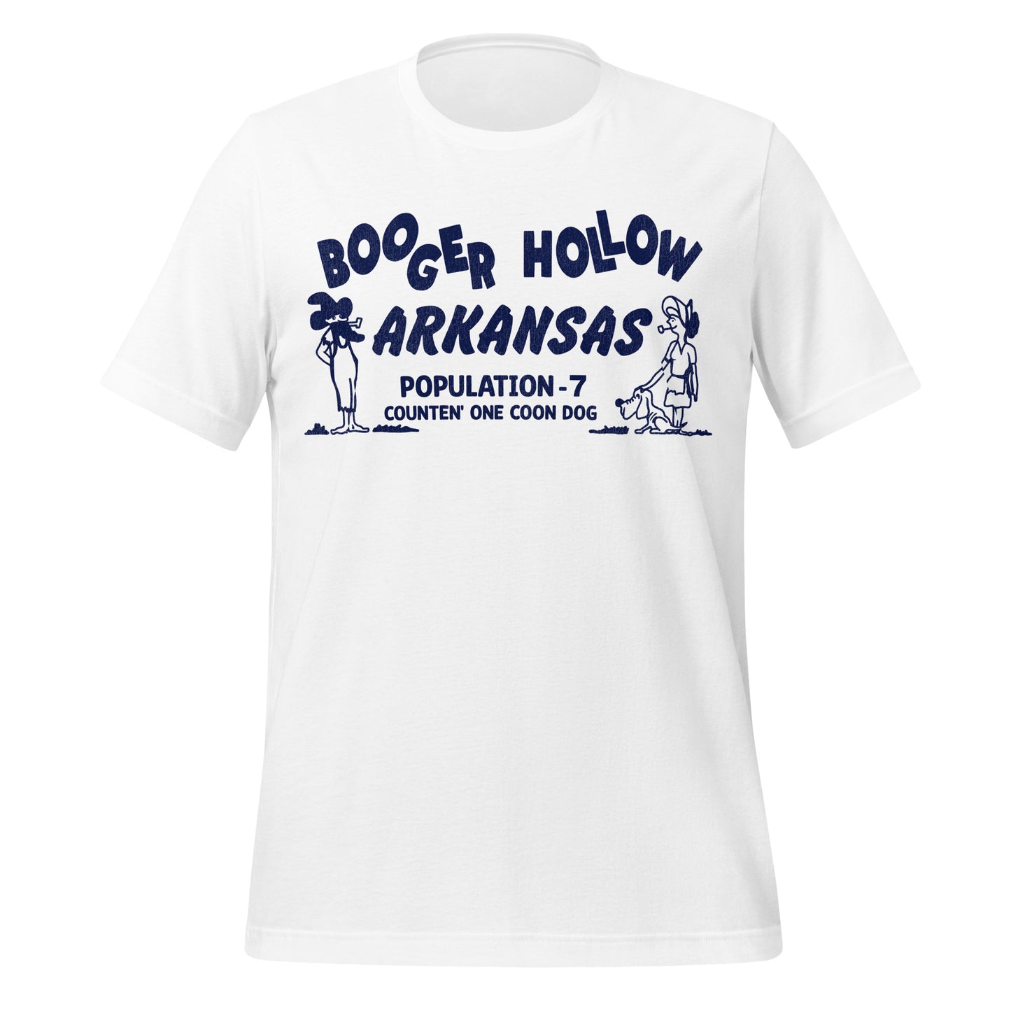 A white short sleeved tourist t-shirt that says "Booger Hollow Arkansas Population - 7 Counten'One Coon Dog" on the Scenic 7 Byway with images of a man and woman smoking and a dog.