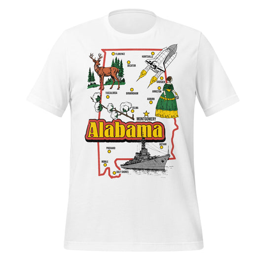A retro white short sleeve t-shirt with a map of Alabama including Florence, Decatur, Tuscaloosa, Huntsville, Birmingham, Auburn, Prichard, Anniston, Gadsden, Selma, Dothan, Mobile, Gulf Shores, and Montgomery. Has pictures of a deer with antlers, fir Christmas trees, a rocket ship taking off, a cotton branch, a women in a cotillion ballgown, and a battleship on the sea.