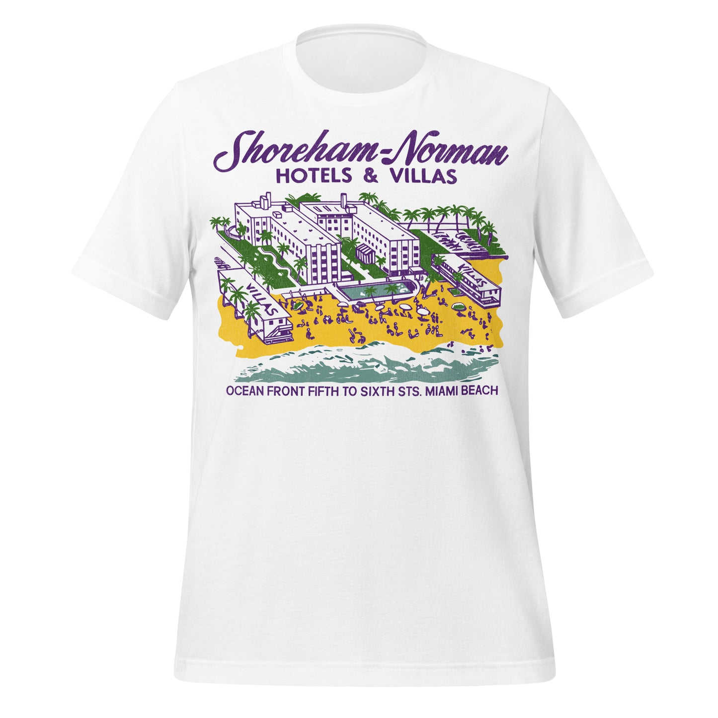 A tourist white t-shirt that says Shoreham-Norman Hotels & Villas Ocean Front Fifth to Sixth Sts. Miami Beach with a beachfront hotel property image, the ocean, palm trees, sand, and two villas referring to Shoreham Norman Twin Hotels & Motels.