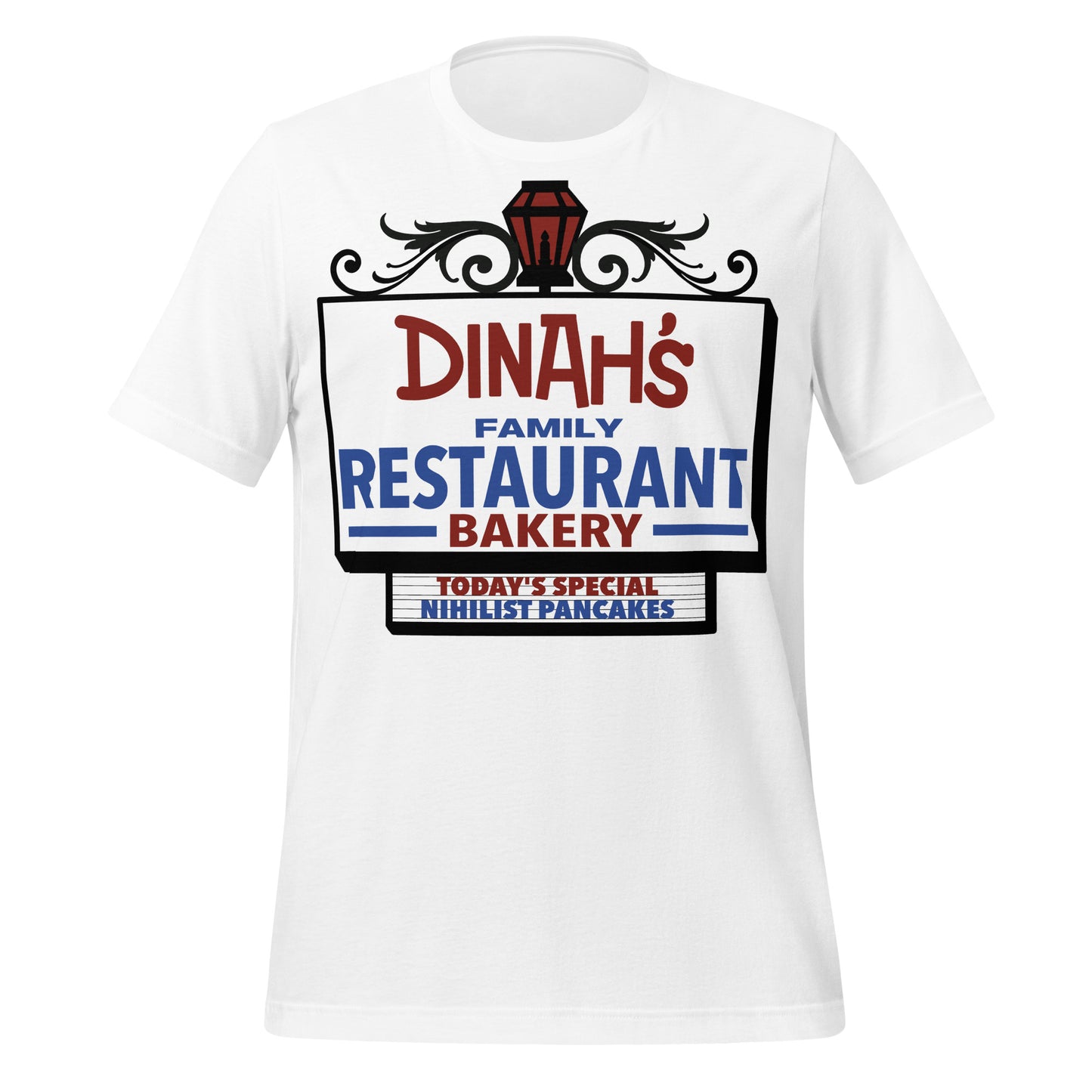 A retro unisex white short sleeve t-shirt that says "Dinah's Family Resturant Bakery" and "Today's Special Nihilist Pancakes" with a streetlamp and swirly design image. Restaurant in Los Angeles, California.