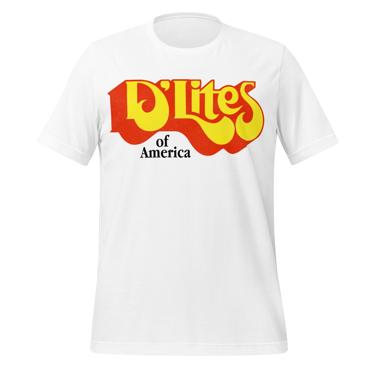 A short sleeve white t-shirt that reads "D'Lites of America".