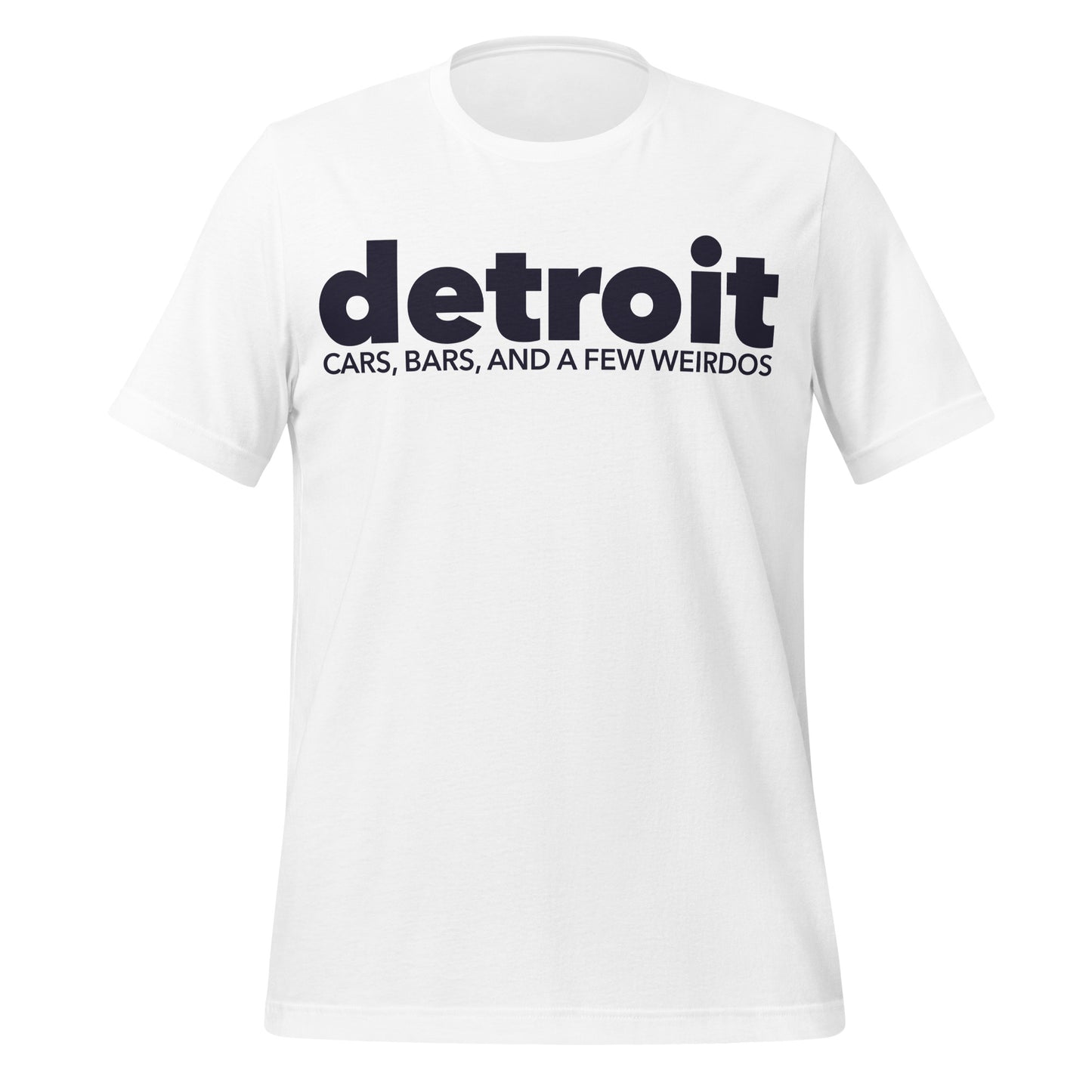 A 70s style t-shirt that says "detroit" and "cars, bars, and a few weirdos".