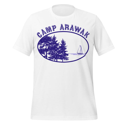 A souvenir bright white short sleeve Camp Arawak tshirt, which comes from the slasher movie Sleepaway Camp, with a tree, lake, and sailboat logo image.