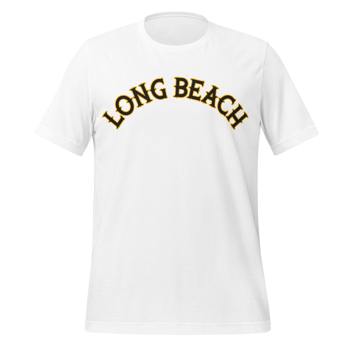 A vintage white tshirt with short sleeves that's unisex and has Long Beach written