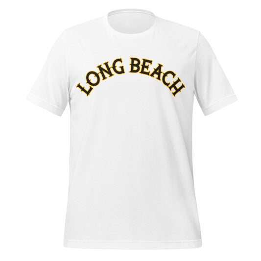 A vintage white tshirt with short sleeves that's unisex and has Long Beach written