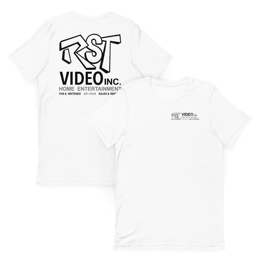 A 70s style tourst white t-shirt that says "RST Video Inc. Home Entertainment". Says "VHS & NIntendo", "Sales & Rentals", and "291-5354" on the front and back of the shirt in black print.