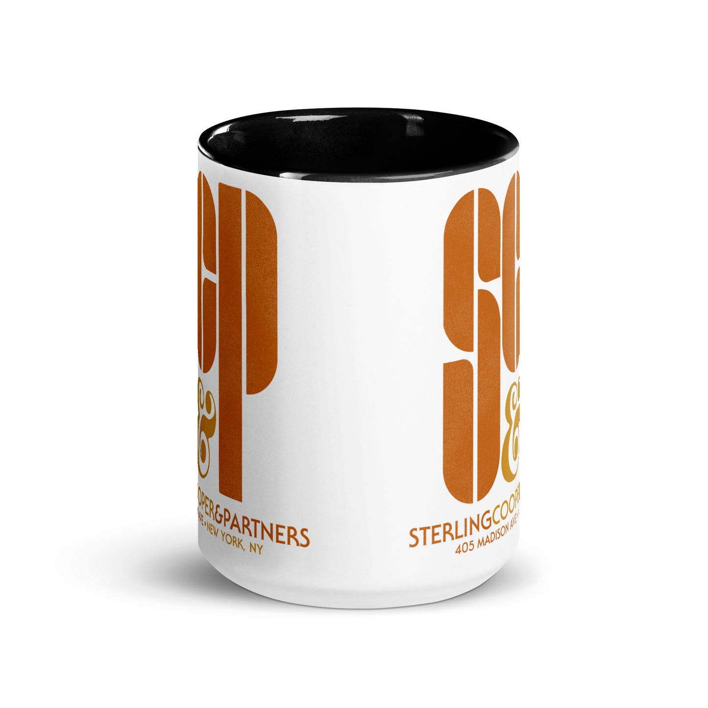 A souvenir white ceramic mug with a black handle and black color inside. Says SCP & Sterling Cooper & Partners and 405 Madison Ave + New York, NY in orange block letters. Refers to Mad Men television series.