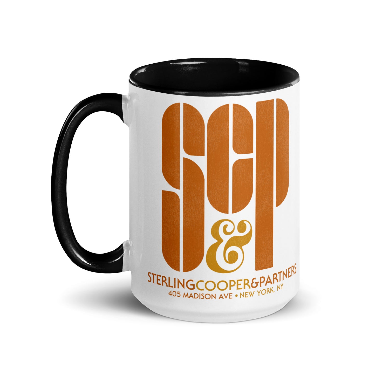 A 70s style black and white tourist ceramic coffee mug that says "Sterling Cooper & Partners" with the advertising agency address "405 Madison Ave + New York, NY". From the television show Mad Men.