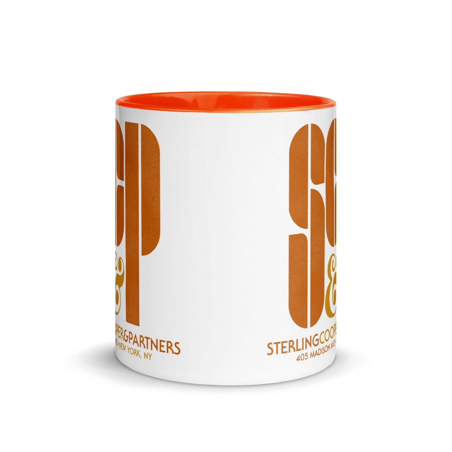 A white and red ceramic travel coffee and tea mug with the SCP logo and words "Sterling Cooper & Partners" and "405 Madison Ave + New York, NY" from the 1960's television series Mad Men in New York City.